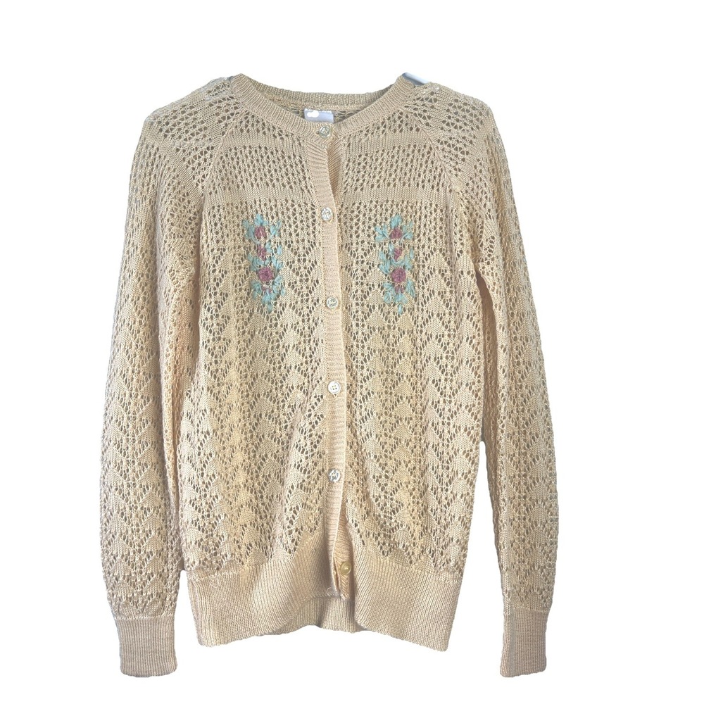 Montgomery Ward Cardigan Women M Cream Vintage Floral Pointelle Knit Embroidered